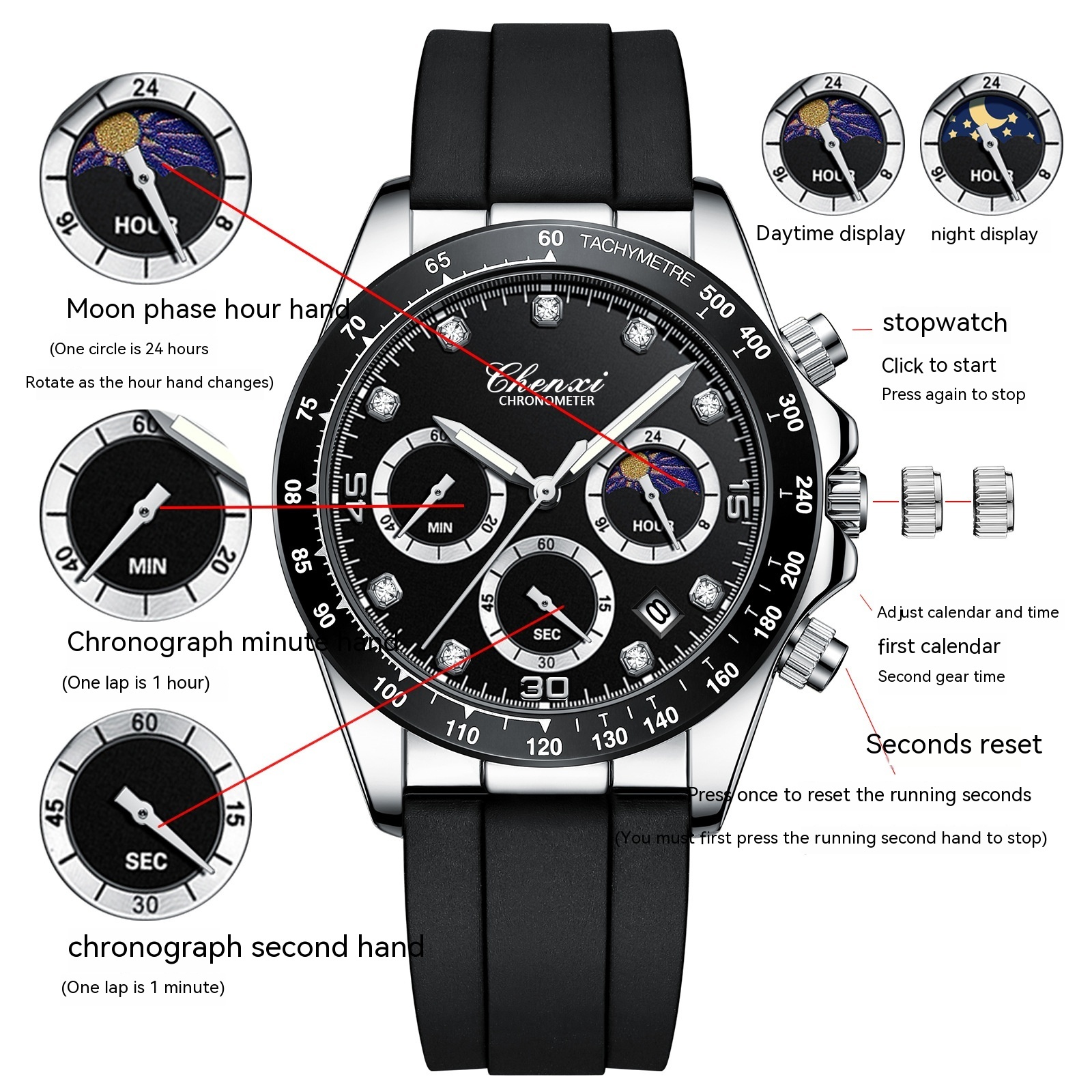 Multi-functional Silicone Band Watch Men's Three Eyes And Six Needles - Image 7